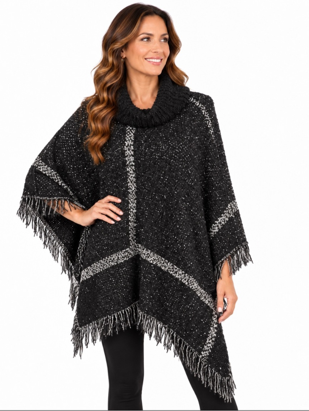 SHANA K Cozy Black & Gray Turtleneck Fringe Poncho Sweater Size OS